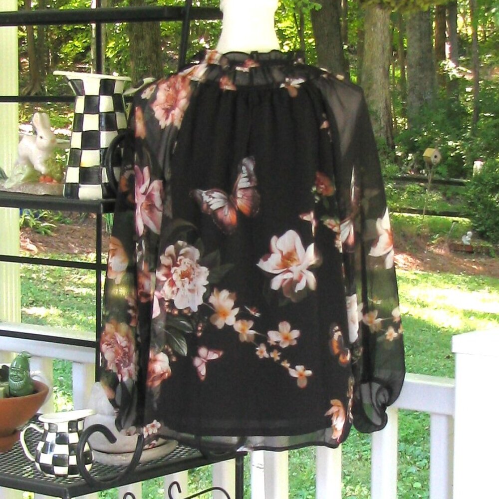 Joie black floral butterfly top shirt blouse Large polyester soft luxury style - Picture 8 of 8